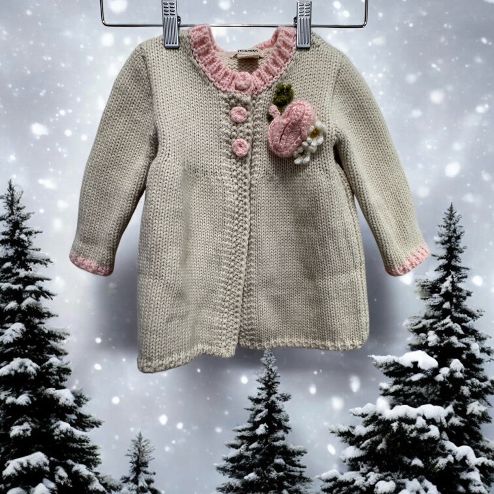 Huggalugs handknit Sweater pink edging mohair poppy blossoms 18-24 months